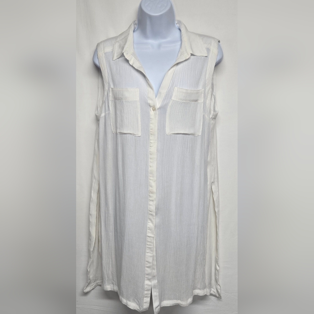 White House Black Market M Long Length White Gauze Button Down Shirt Top